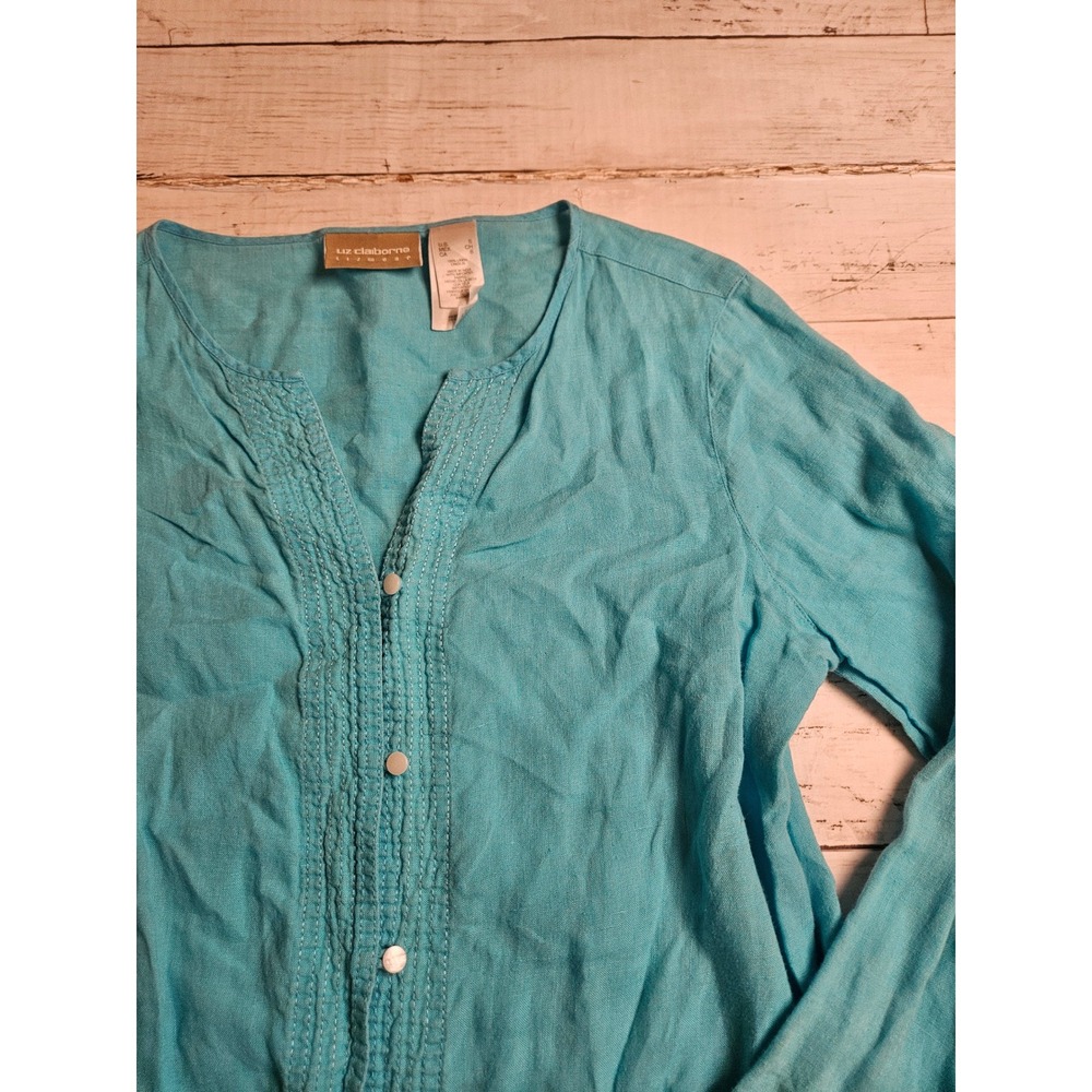 Liz Claiborne Lizwear Turquoise Blue 100% Linen Button Front Blouse Small